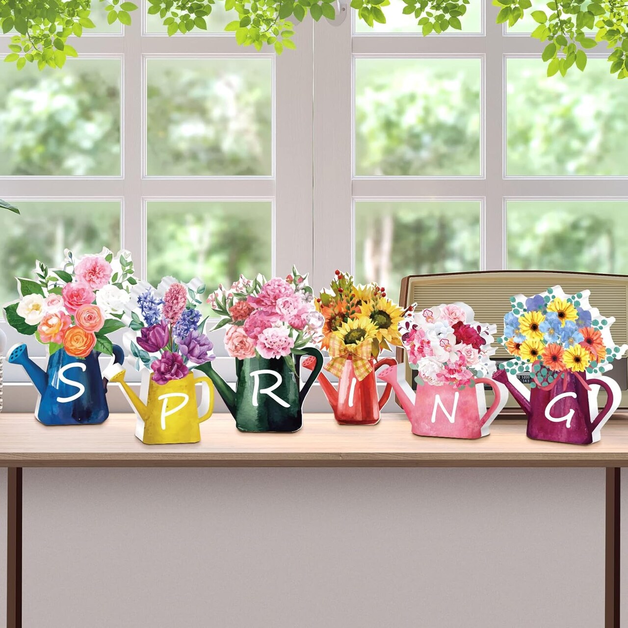 6-Piece Spring Wooden Signs – Farmhouse Tabletop & Tiered Tray Decorations, Floral Watering Can Centerpiece for Home, Office, and Seasonal Decor
